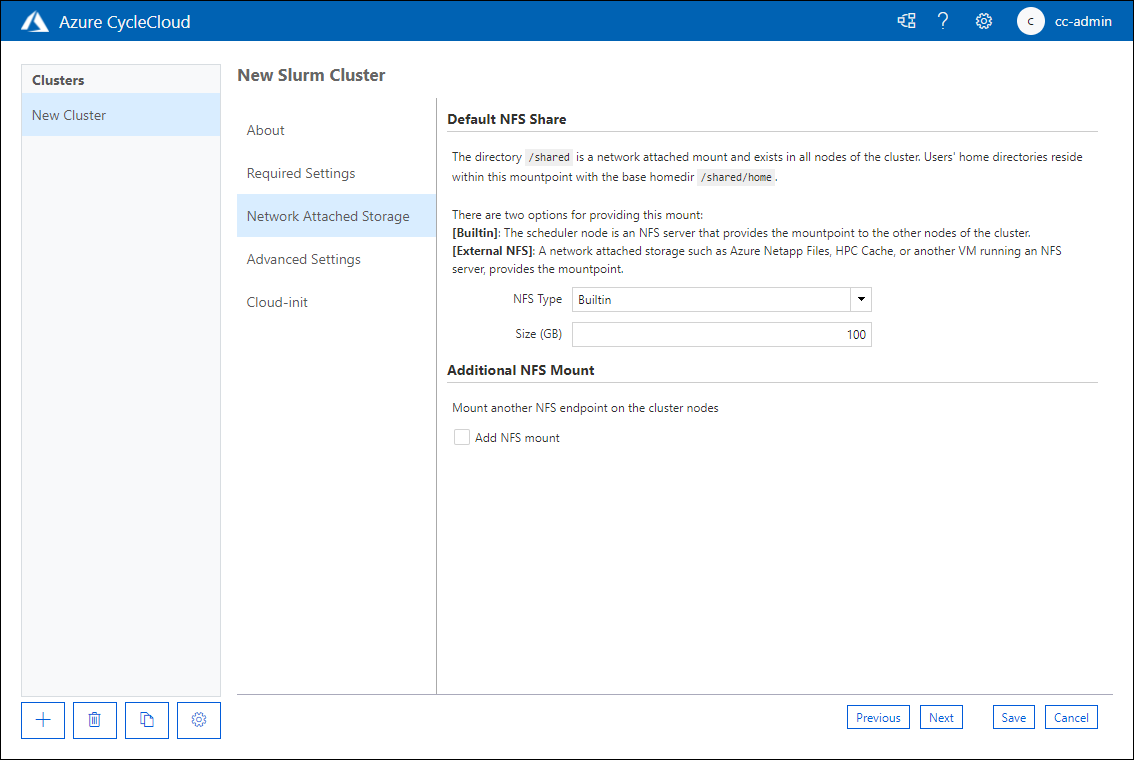 此螢幕擷取畫面顯示 Azure CycleCloud Web 應用程式中 [新增 Slurm 叢集] 頁面的 [網路連接儲存裝置] 索引標籤。