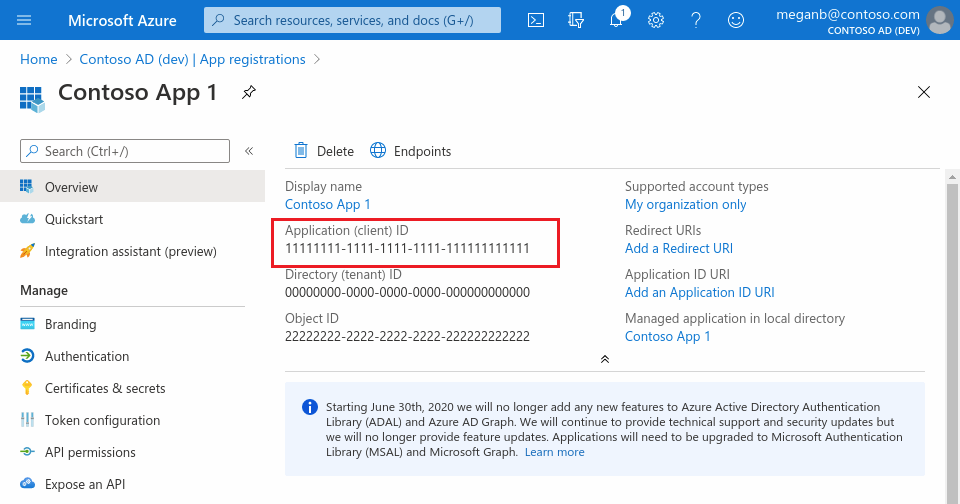 強調顯示 Azure 入口網站上已使用 Microsoft Entra ID 註冊的應用程式的應用程式識別碼的螢幕擷取畫面。