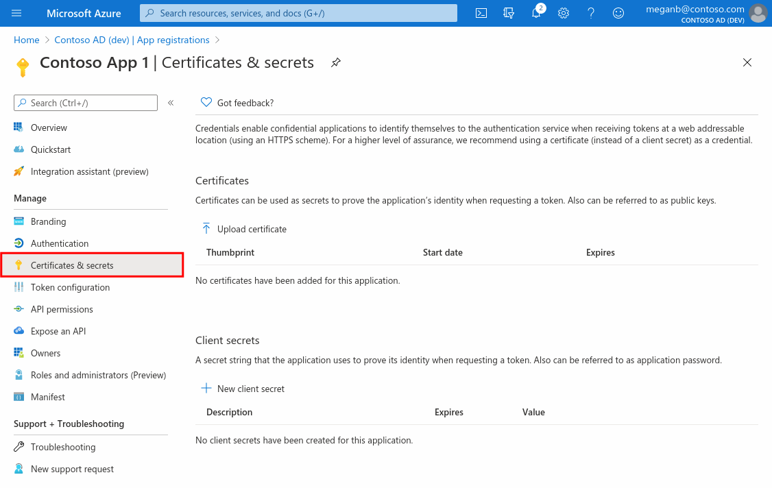 醒目提示在 Azure 入口網站中向 Microsoft Entra ID 註冊的應用程式 [憑證及祕密] 刀鋒視窗的螢幕擷取畫面