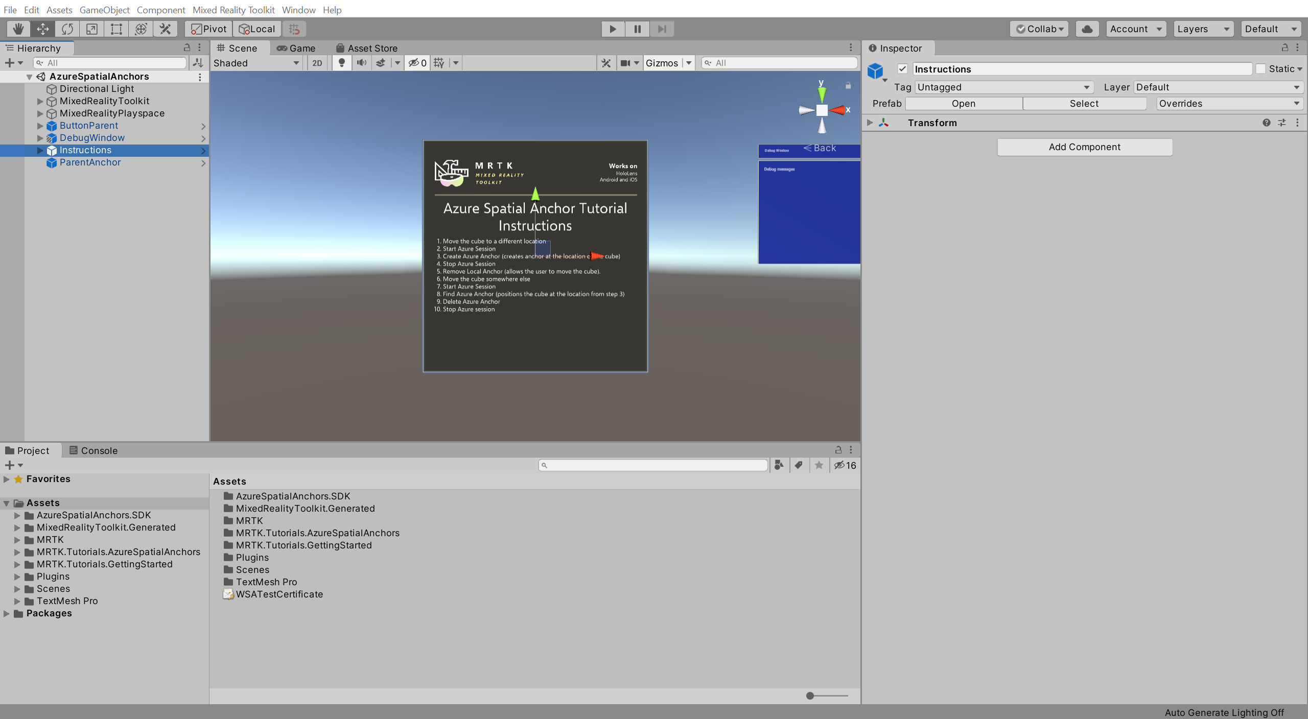 Screenshot of Unity with the Spatial Anchor Manager configured.