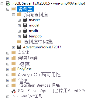 螢幕擷取畫面：顯示 SQL Server 2019 在 SSMS 中的部署情形。