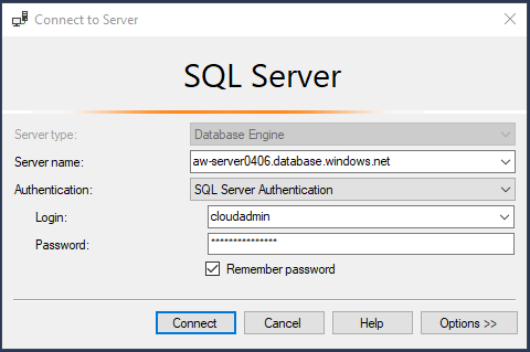 此螢幕擷取畫面顯示 SSMS 中 SQL Database 的連線對話方塊。