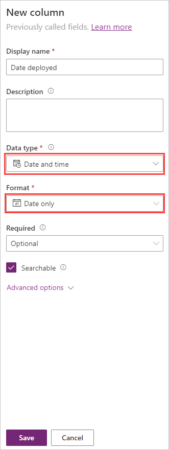 Screenshot of Screenshot of adding a date column with data type and format highlighted.