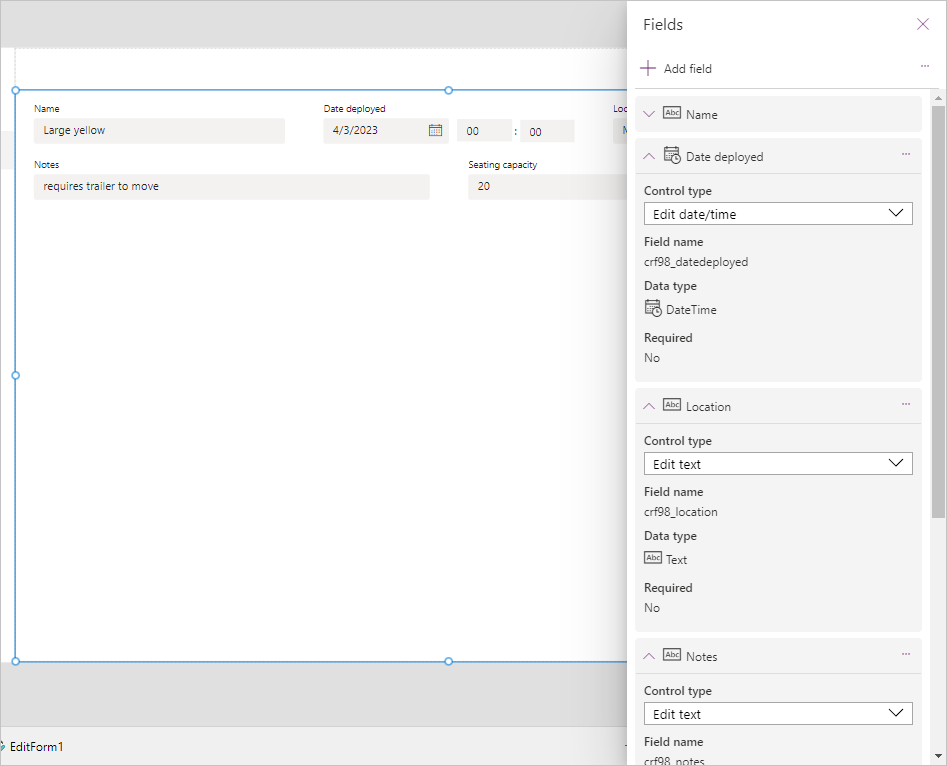 Screenshot of  the added fields in the Fields dialog box and the fields now populating the form. Highlights on Date deployed on the form showing a time value of 00:00 and the . 