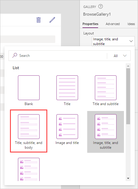 Screenshot of the gallery layout options with Title, subtitle, and body selected. 