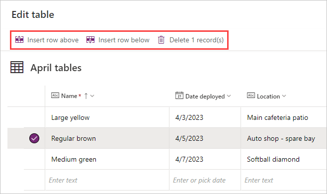 Screenshot of an already entered table row selected, with the new options Insert row above, Insert row below, and Delete record highlighted. 