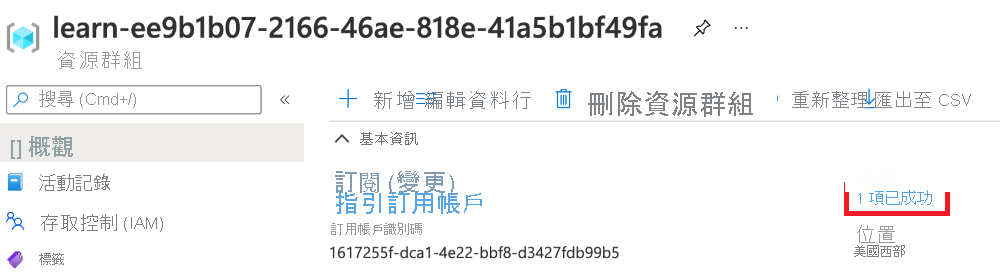 資源群組概觀之 Azure 入口網站介面的螢幕擷取畫面，其中的部署區段顯示有一個部署成功。