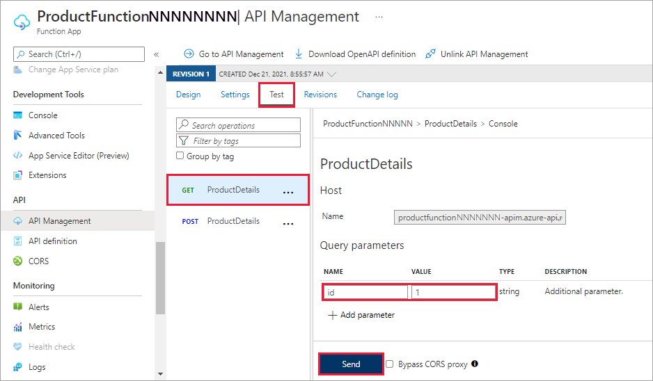 顯示 ProductDetails 主控台的螢幕擷取畫面，其中已醒目提示 GET HTTP 要求的查詢參數值。