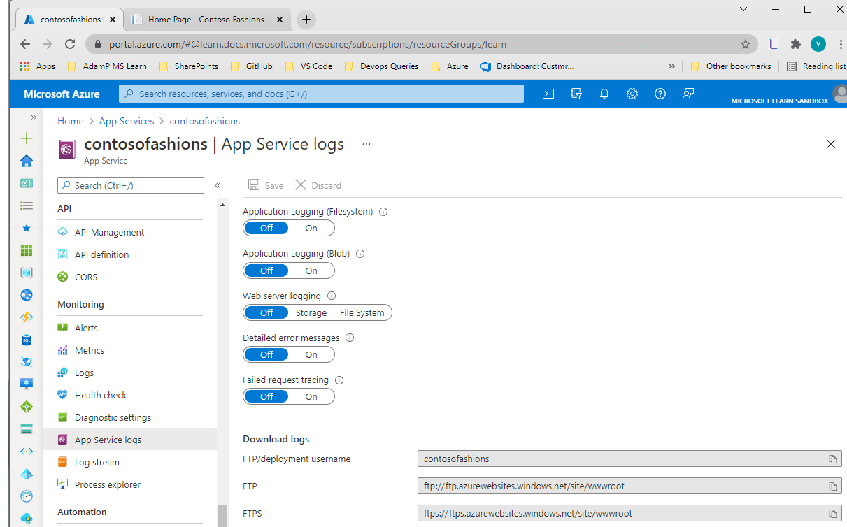 顯示 Azure 入口網站中 [診斷記錄] 窗格的螢幕擷取畫面。