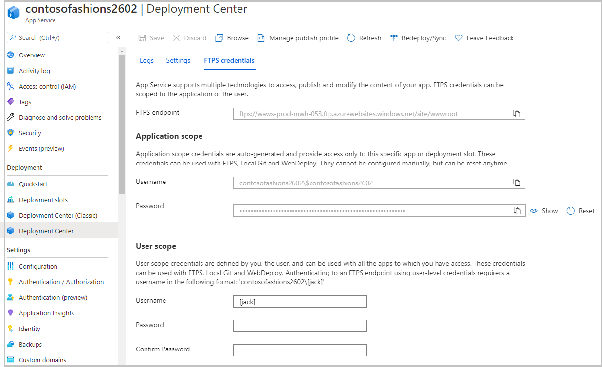 App Service 部署中心窗格的螢幕擷取畫面，顯示 [FTPS 認證] 索引標籤。