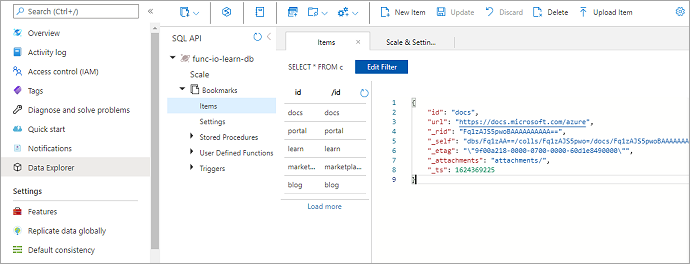 SQL API 資料的螢幕擷取畫面顯示 func-io-learn-db 中「書籤」容器的項目集合。