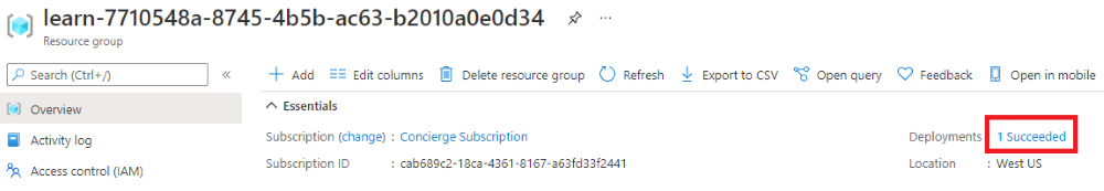 資源群組概觀之 Azure 入口網站介面的螢幕擷取畫面，其中的部署區段顯示有一個部署成功。