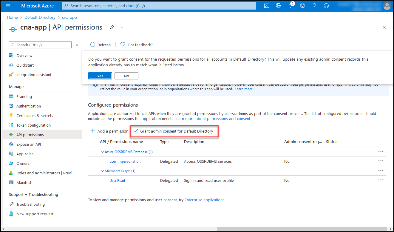 Azure 入口網站中 [cna-app API 權限] 刀鋒視窗的螢幕擷取畫面，其中包含確認授與管理員同意的提示。