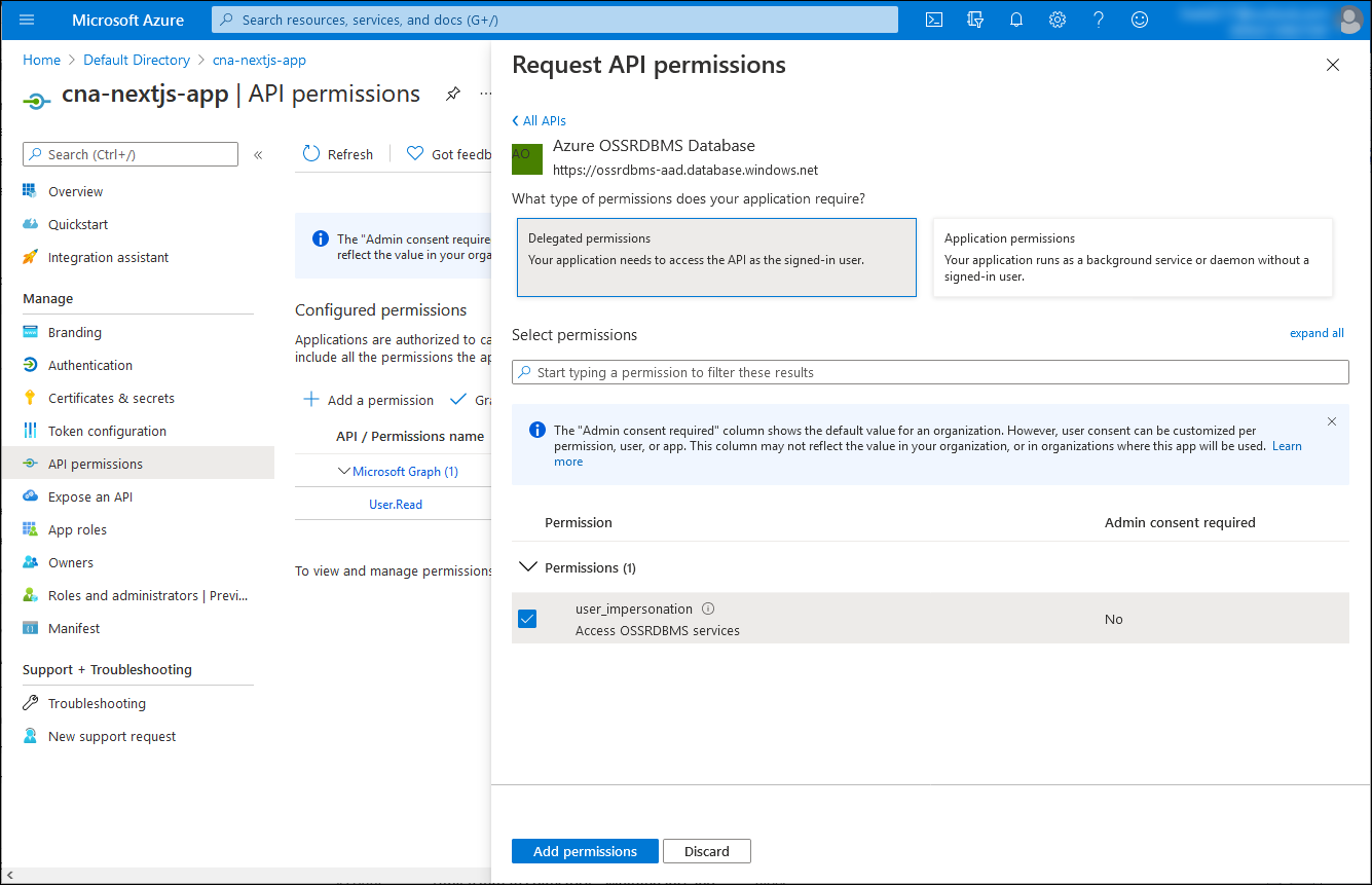 Azure 入口網站中 [要求 API 權限] 刀鋒視窗的螢幕擷取畫面，其中已選取 [委派的權限] 選項。