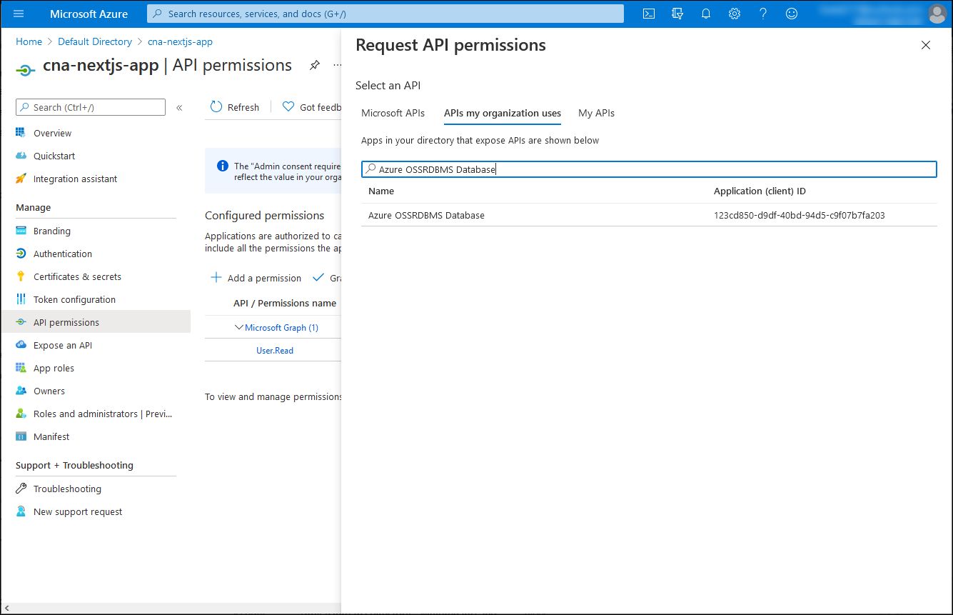 Azure 入口網站中 [要求 API 權限] 刀鋒視窗的螢幕擷取畫面。