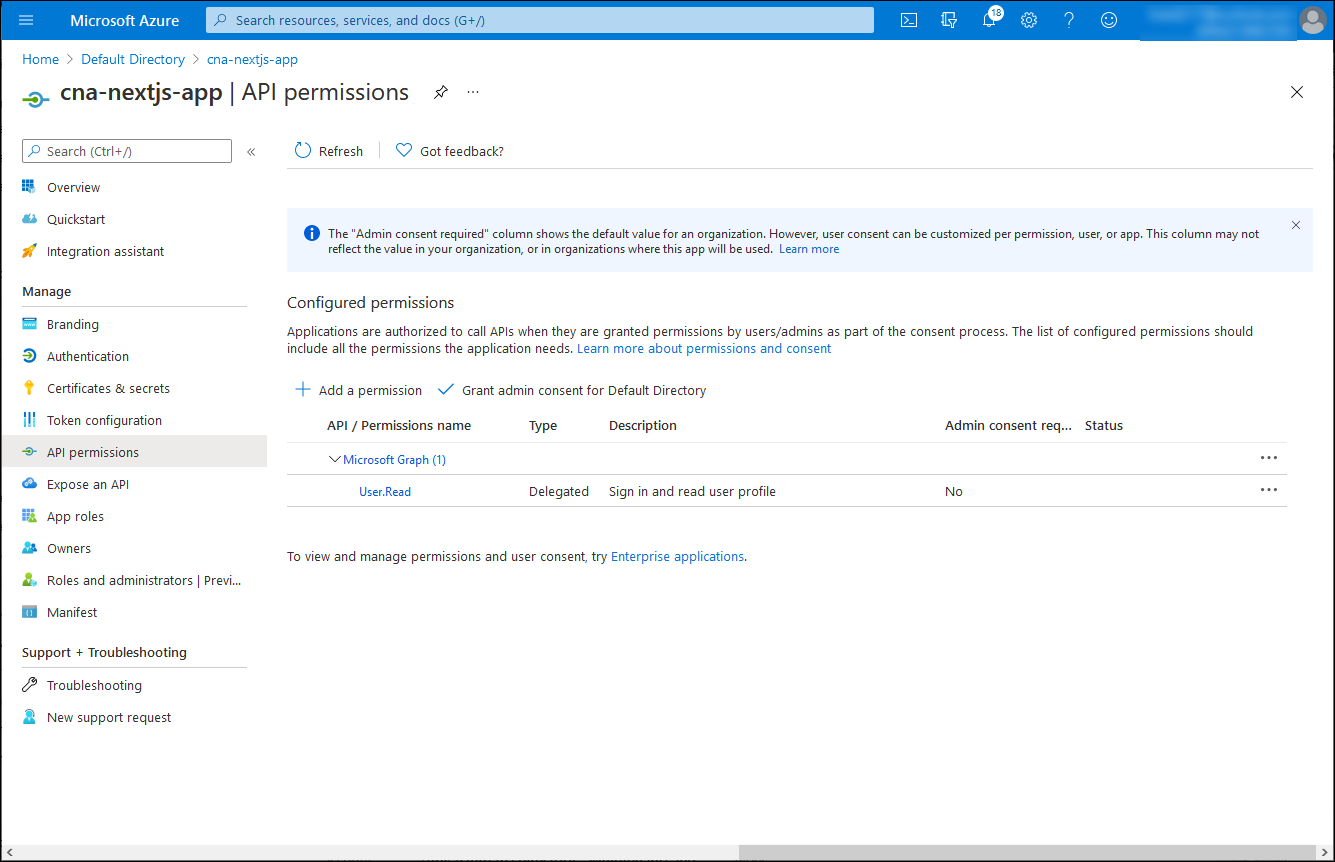 Azure 入口網站中 [cna-nextjs-app API 權限] 刀鋒視窗的螢幕擷取畫面。