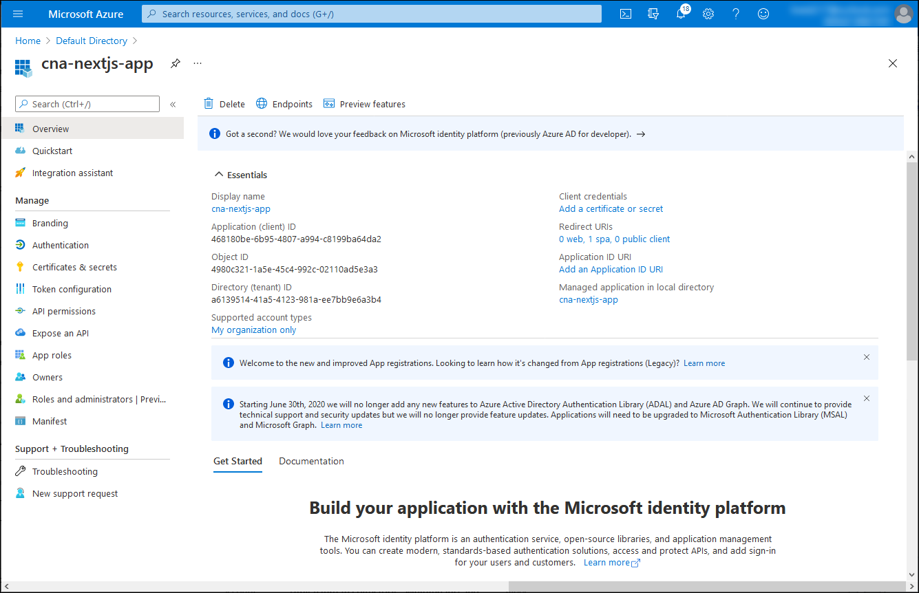 Azure 入口網站中 [cna-nextjs-app] 刀鋒視窗的螢幕擷取畫面。