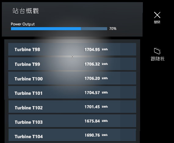 在 HoloLens 2 上 [Site Overview]\(站點概觀\) 功能表中顯示風力發電機資料的螢幕擷取畫面。