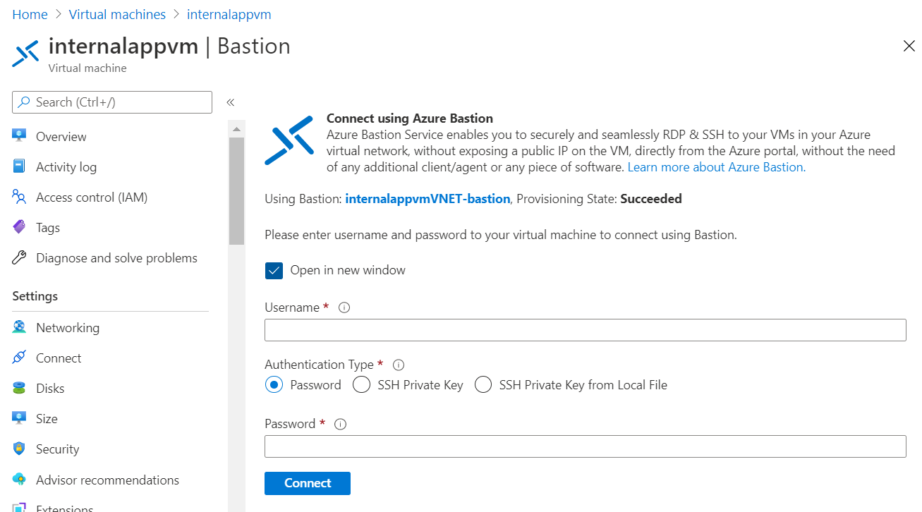 提示輸入 VM 使用者名稱和密碼的 Azure Bastion 頁面螢幕擷取畫面。