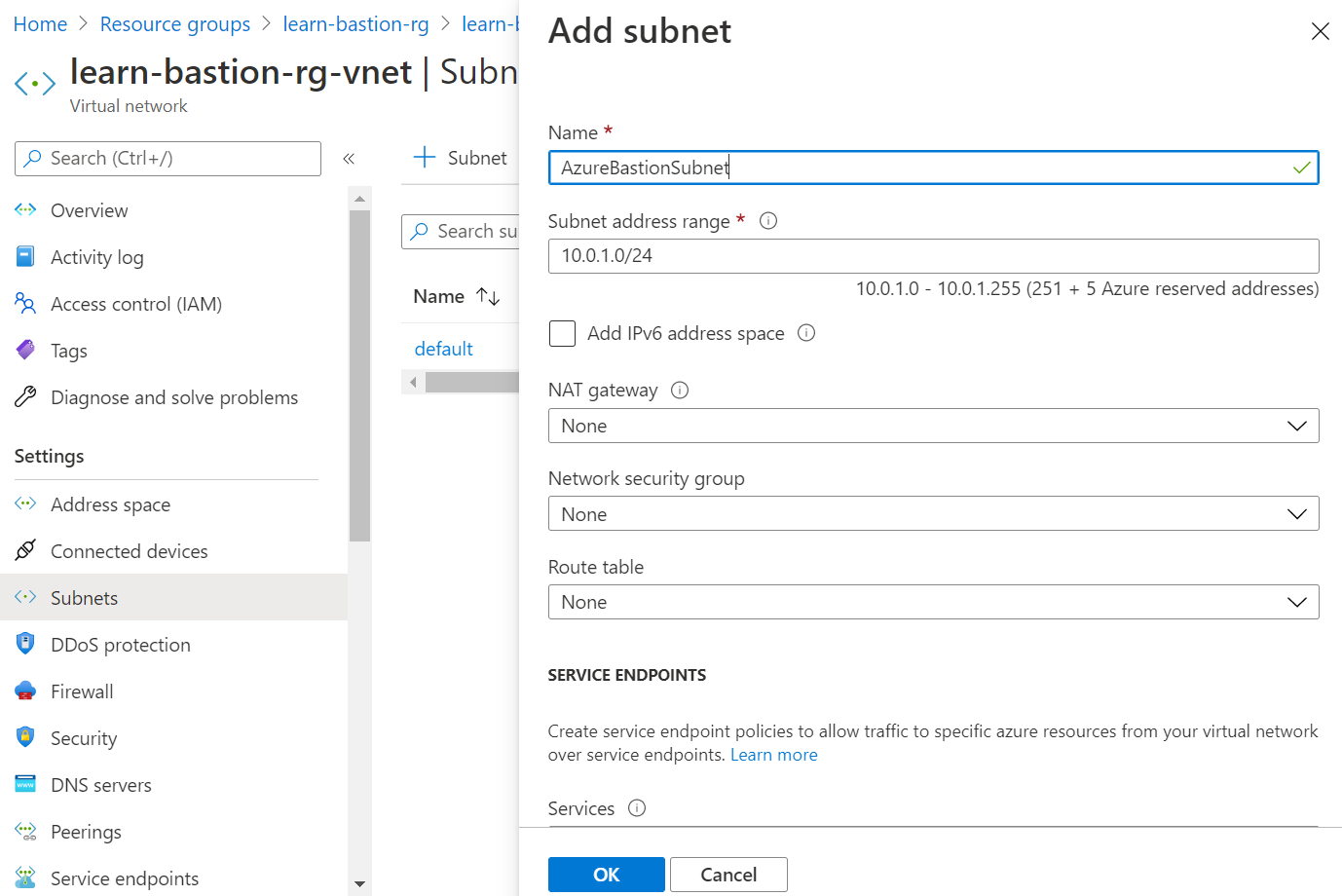 [新增子網路] 頁面的螢幕擷取畫面，此子網路名稱為 AzureBastionSubnet。