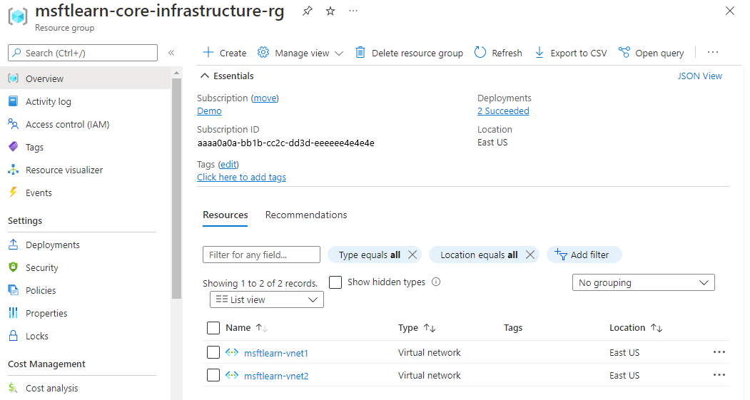 Azure 入口網站的螢幕擷取畫面，其中顯示包含兩個虛擬網路資源的資源群組概觀。