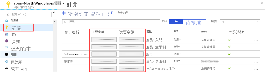 訂用帳戶金鑰。