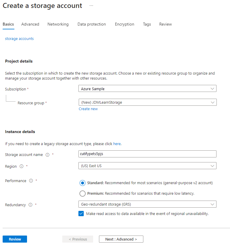 Screenshot of the Create a storage account form.