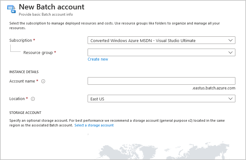 在 Azure 入口網站中建立新 Batch 帳戶的頁面螢幕擷取畫面。