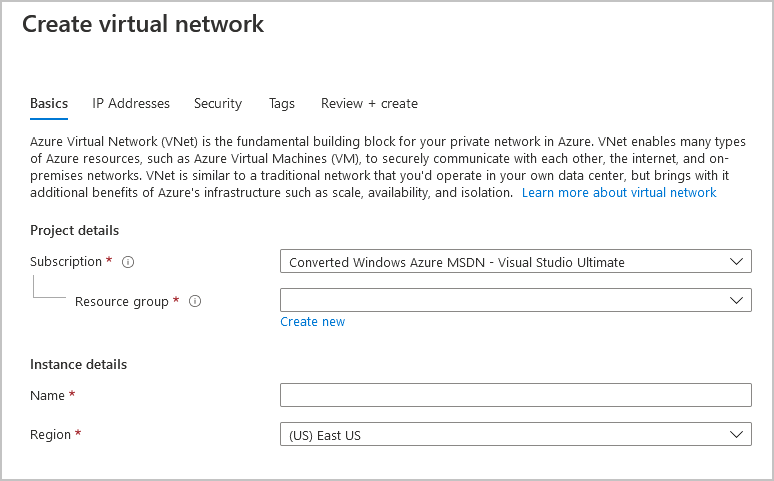 在 Azure 入口網站中建立虛擬網路的頁面螢幕擷取畫面。