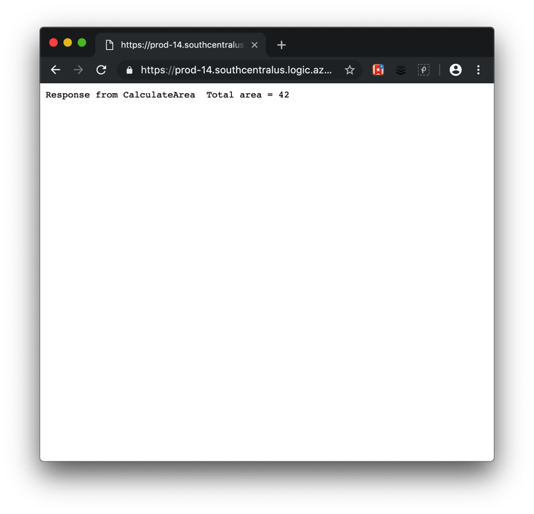 顯示來自應用程式 (稱為 calculate area) 回應的網頁瀏覽器螢幕擷取畫面。