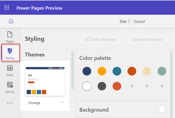 Screenshot of the Styling workspace that allows users to define themes and color palette.