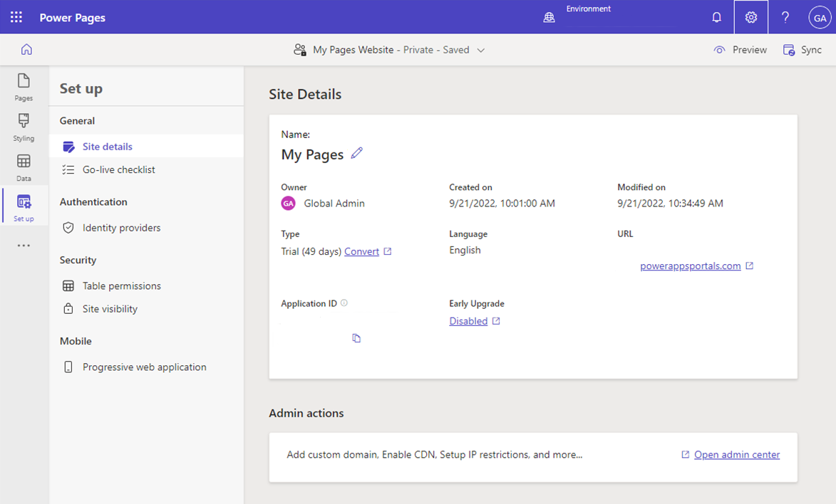 Screenshot of the Site details page that allows users to define site details.