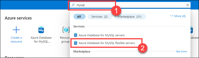 入口網站頂端搜尋列的螢幕擷取畫面，其中顯示搜尋 mysql 的結果。