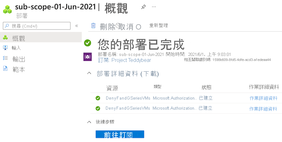 所選部署的 Azure 入口網站 [概觀] 窗格的螢幕擷取畫面。