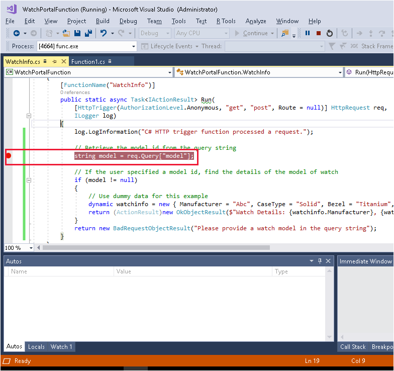 Visual Studio 的螢幕擷取畫面，顯示在從查詢字串讀取模型之陳述式上的中斷點。