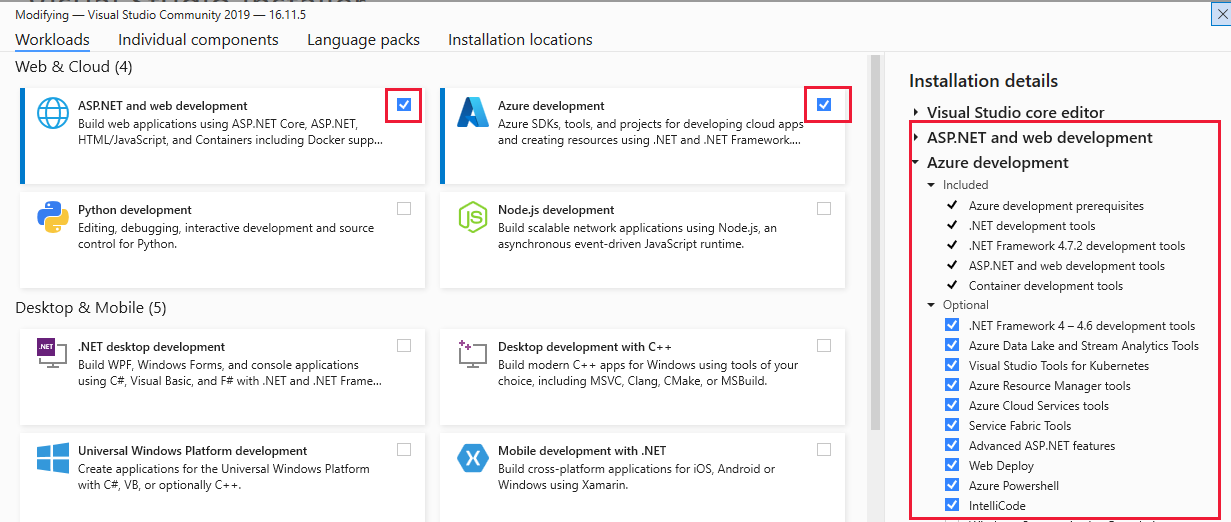 Visual Studio 2022 的螢幕擷取畫面，其中已醒目提示 ASP.Net 與 Azure 開發工作負載。