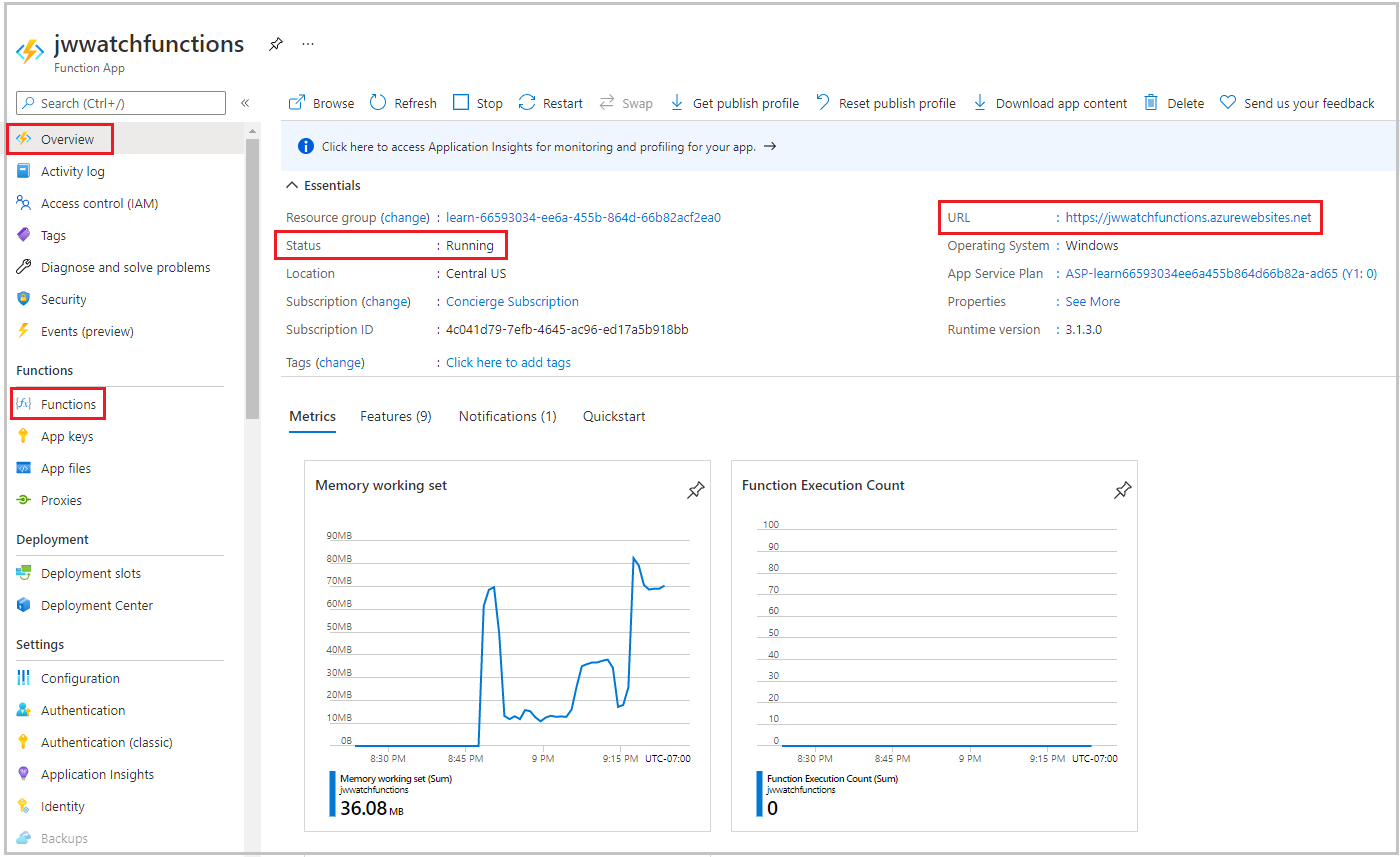 Azure 入口網站 [函數應用程式] 窗格的螢幕擷取畫面，其中顯示 'Function1' 和 'WatchInfo' 函式。