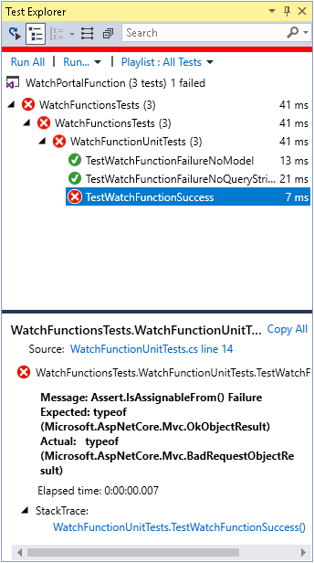 [Team Explorer] 視窗的螢幕擷取畫面。TestWatchFunctionSuccess 測試已失敗。