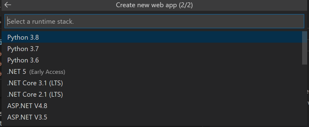 Screenshot showing the runtime stack selection.