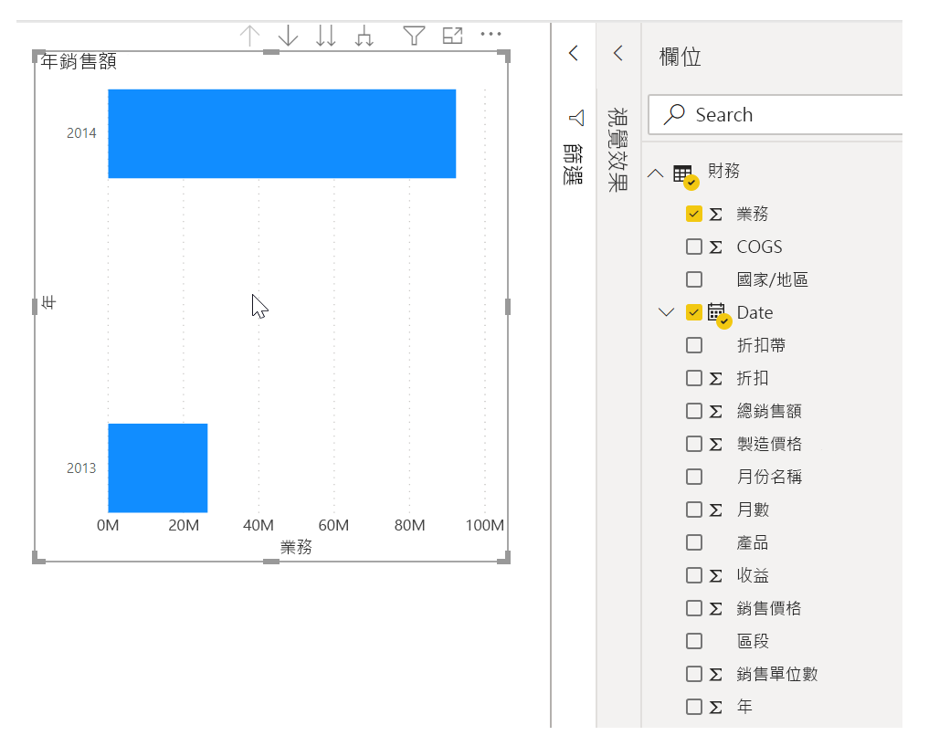 欄位窗格和報表檢視畫布的螢幕截圖。