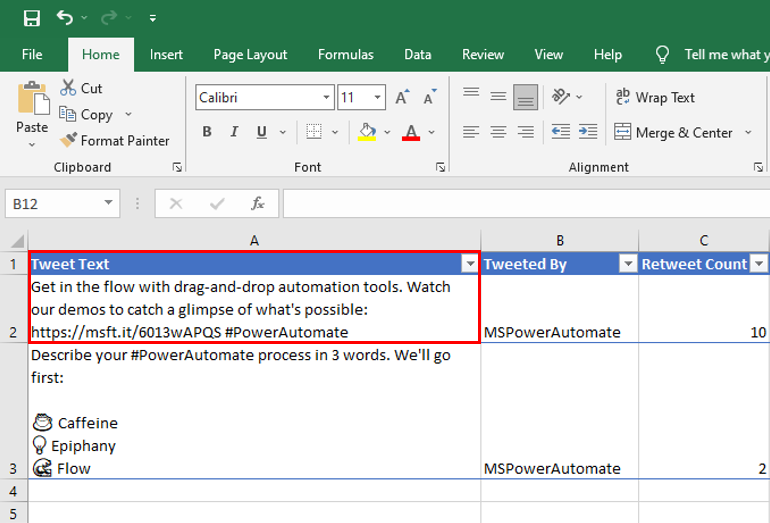 Screenshot of the same tweet in an Excel spreadsheet.