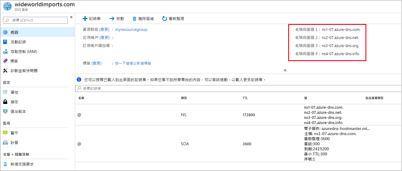 [DNS 區域] 頁面上名稱伺服器詳細資料的螢幕擷取畫面。