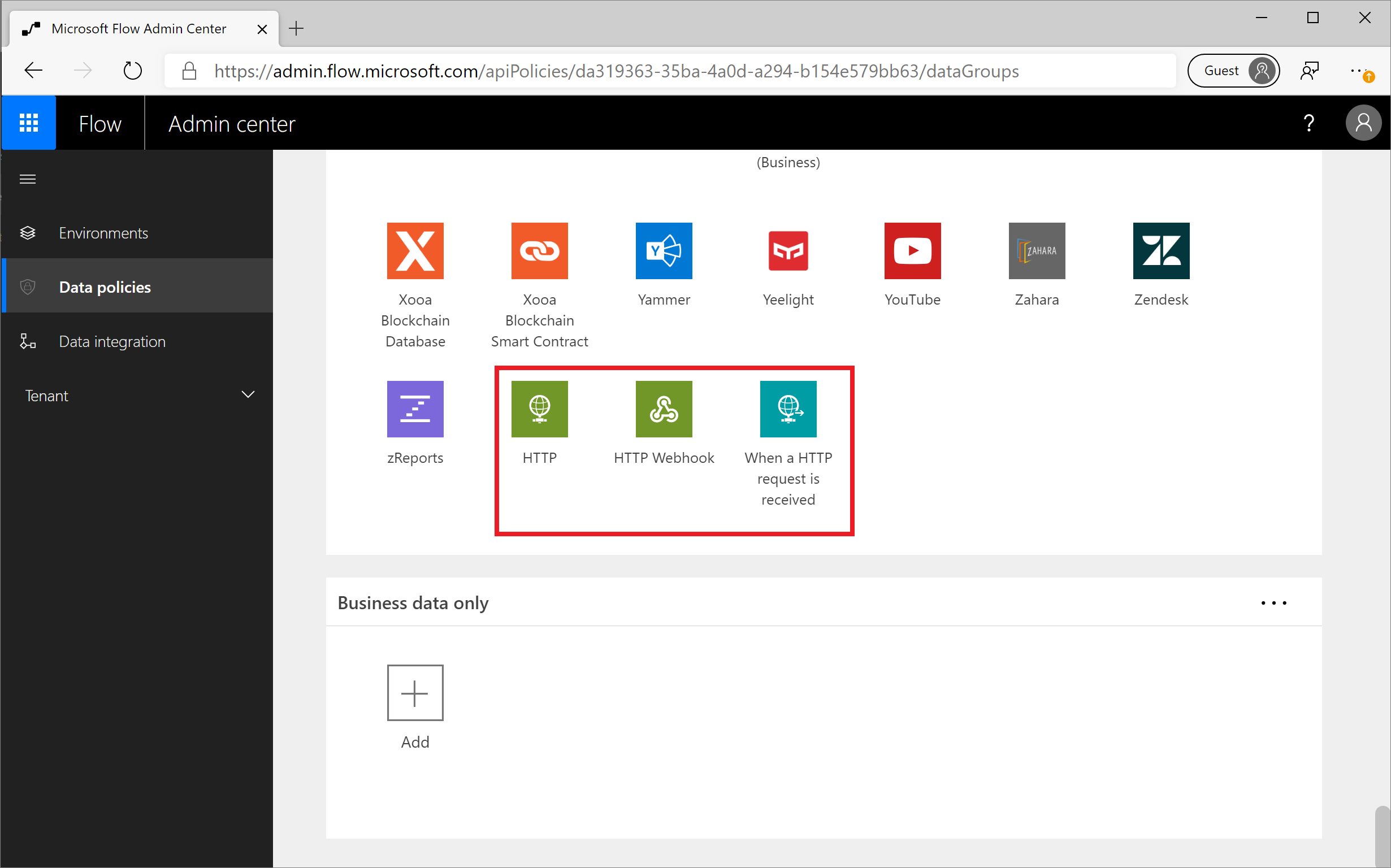 Screenshot of Power Automate Admin Center Data policies page with H T T P options highlighted.