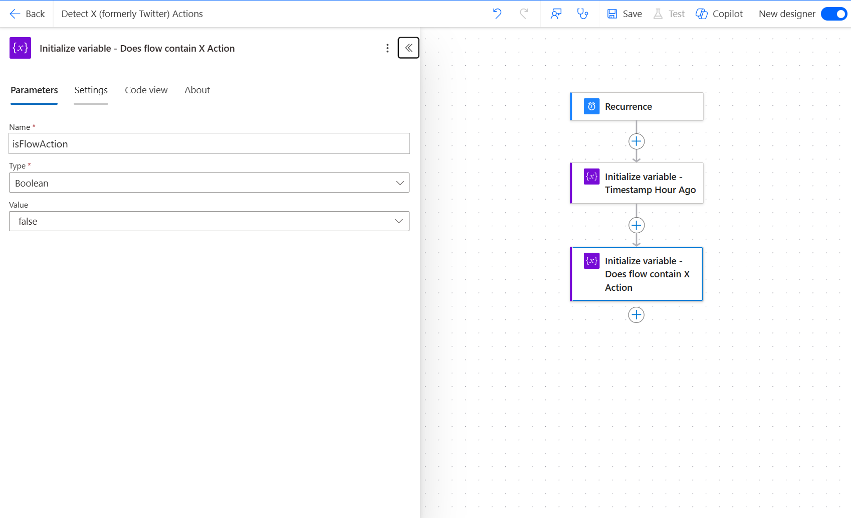 Screenshot of a second Initialize variable action called Does flow contain X action.