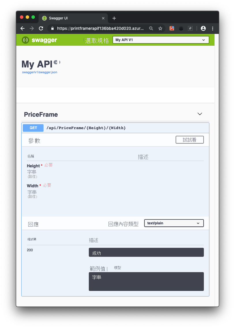 API 的預設 Swagger UI。