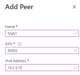 [新增對等] 區段的螢幕擷取畫面，其中已填入名稱、ASN 和 IPV4 位址方塊。