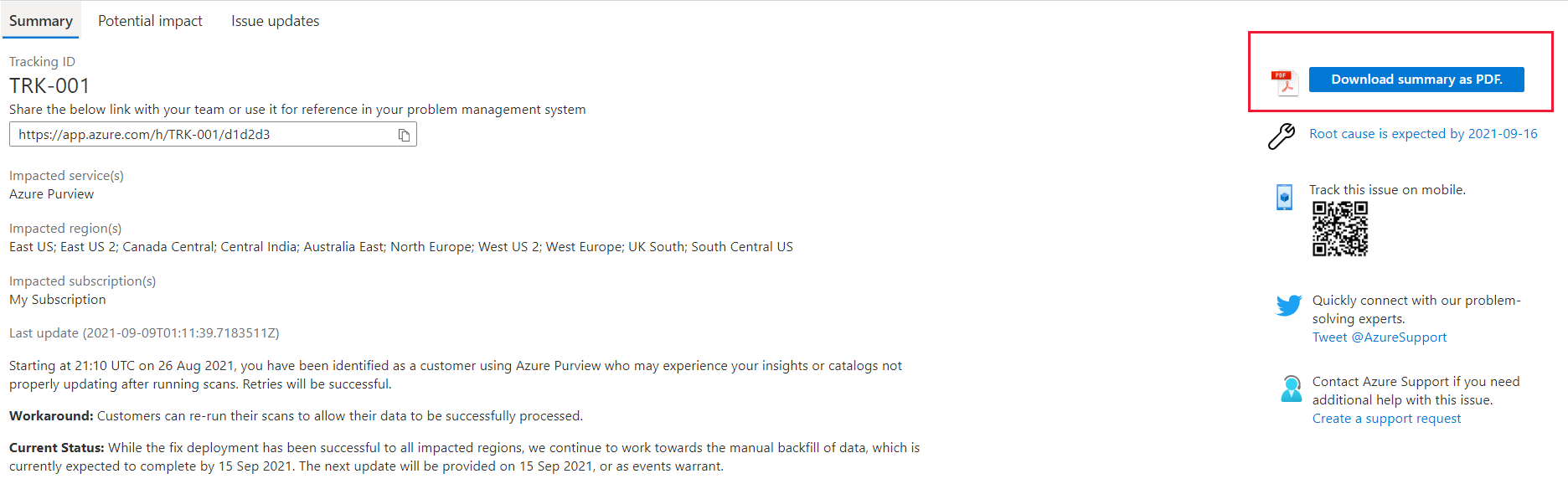 Screenshot with a summary of a Log Analytics issue showing details such as Tracking ID, Impacted regions, Impacted subscription, Last updates, Preliminary Root Cause, and a link to Download the summary as PDF.