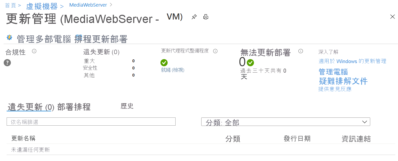 [更新管理] 頁面的螢幕擷取畫面，其顯示 VM 的更新狀態。