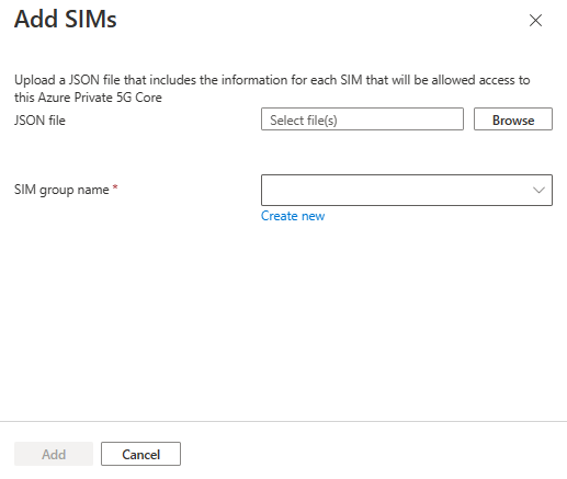 此螢幕擷取畫面顯示 [新增 SIM] 對話方塊具有使用 JSON 檔案的欄位。