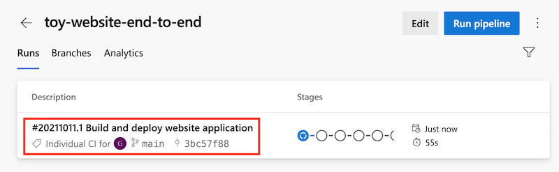 Screenshot of Azure DevOps showing the pipeline run list. The latest pipeline run is highlighted.